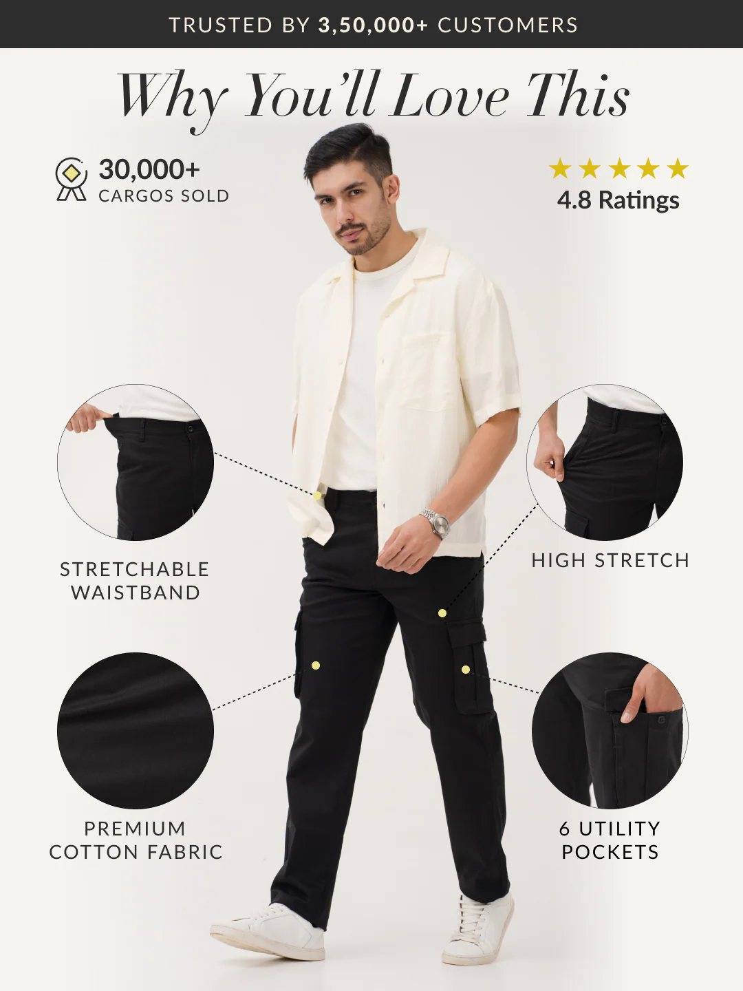 City Black Relaxed Fit Stretch Cargo Pants - Image 3