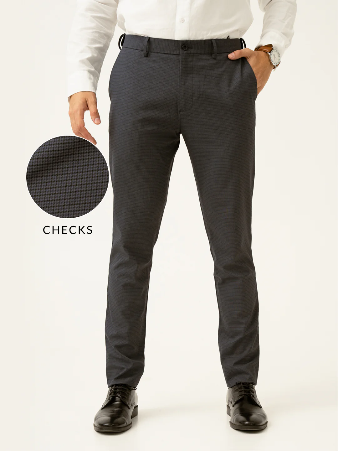 Gunmetal Grey Micro Checks Slim Fit Stretch Formal Pant - Image 6