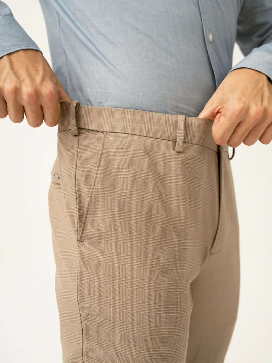 Sand Beige Checks Formal Slim Fit Stretch Pants - Image 4