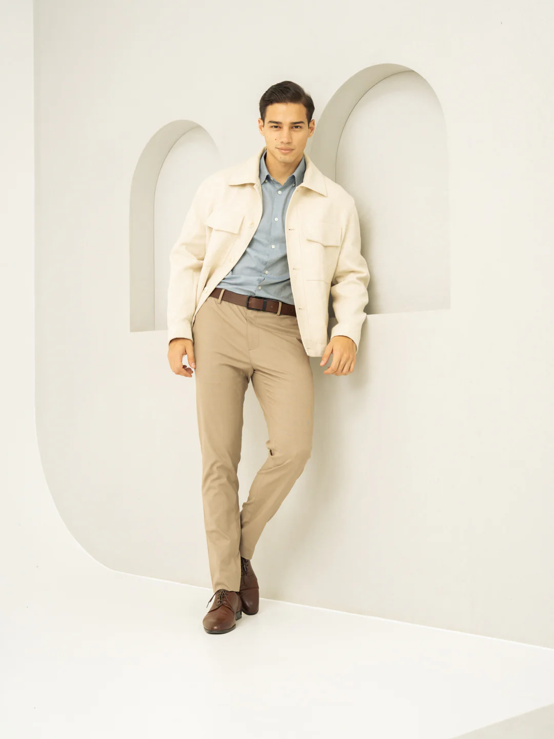 Sand Beige Checks Formal Slim Fit Stretch Pants - Image 6