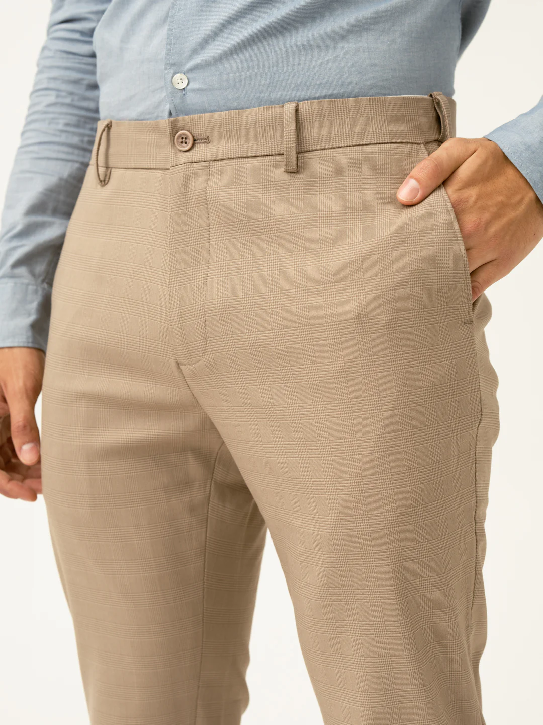 Sand Beige Checks Formal Slim Fit Stretch Pants - Image 8