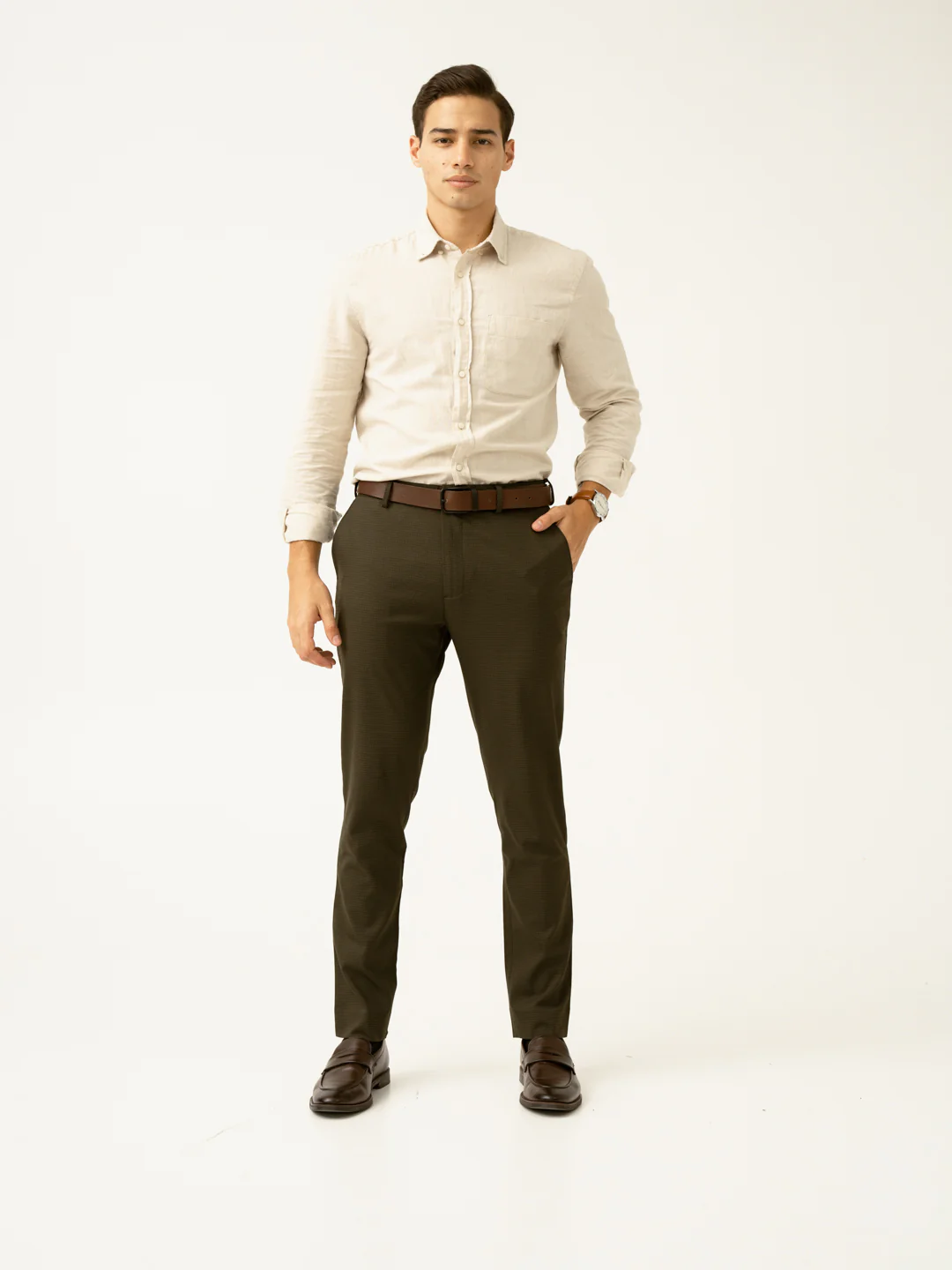 Moss Green Micro Checks Slim Fit Stretch Formal Pant - Image 11